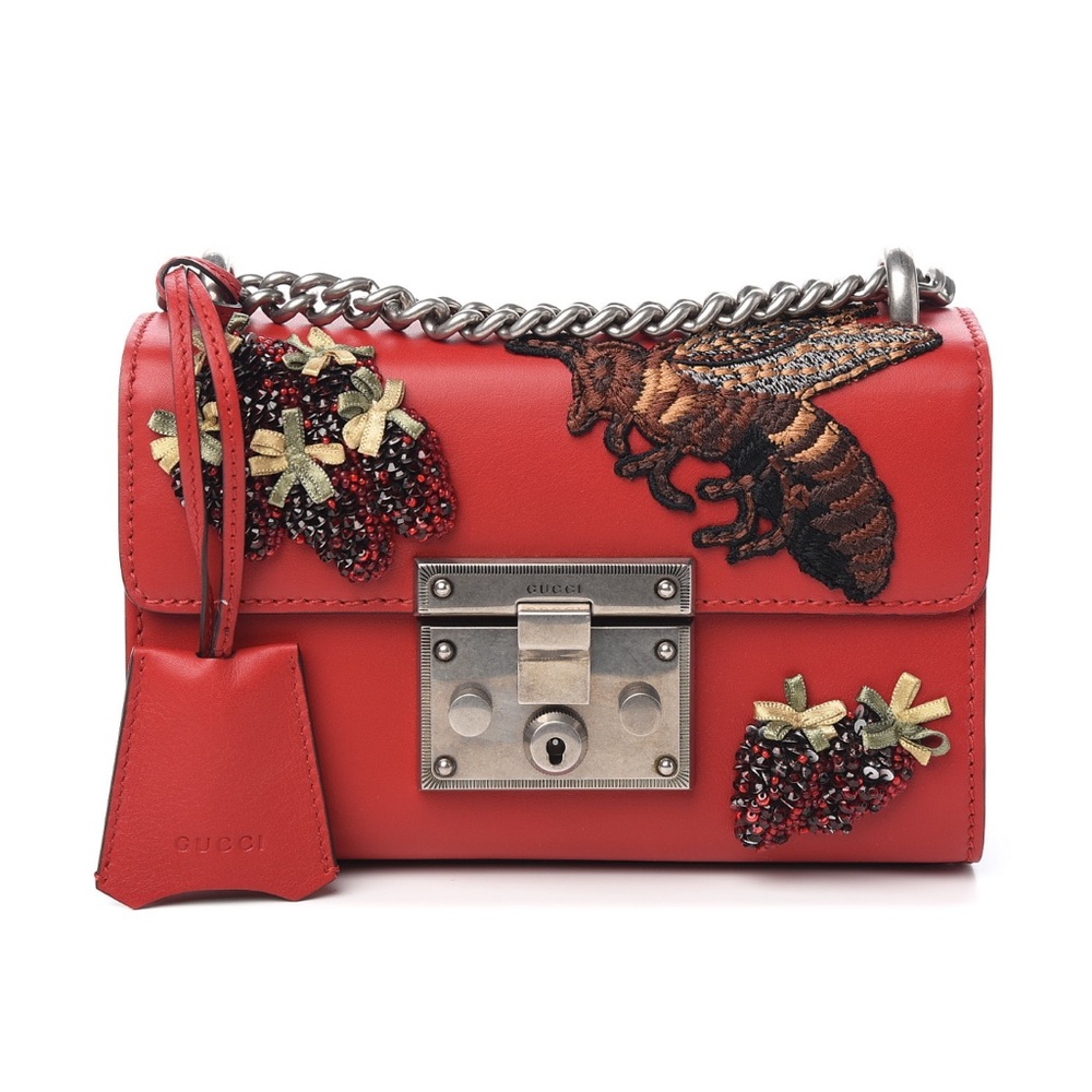 Limited Edition Gucci Padlock Bee Embroidered Bag Hibiscus Red New